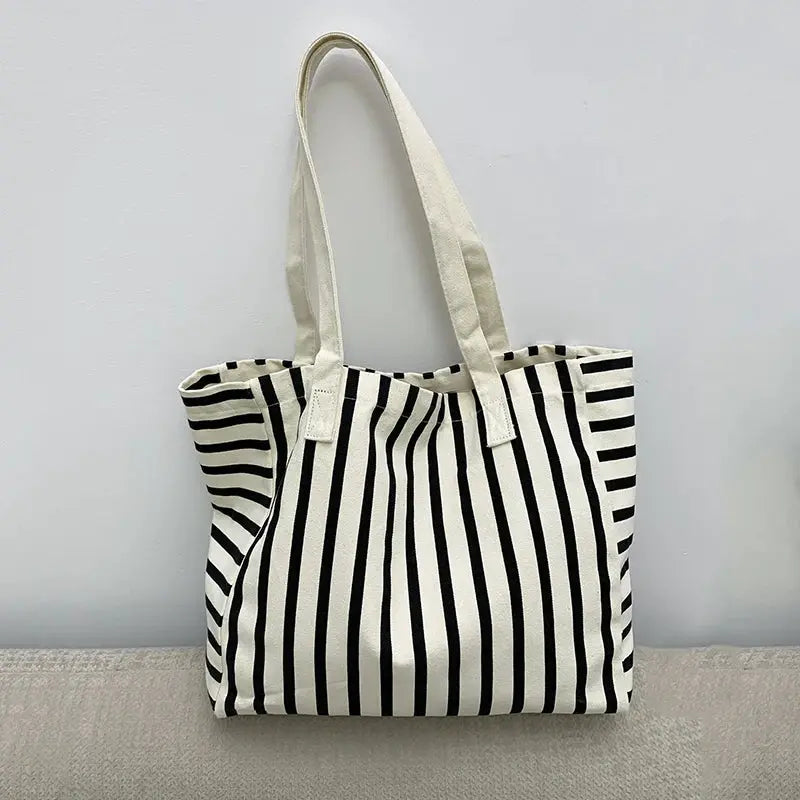 Striped Canvas Bag Beach Handbag Fashionable Women's Canvas Summer Large Capacity Shoulder Bag by AliShop