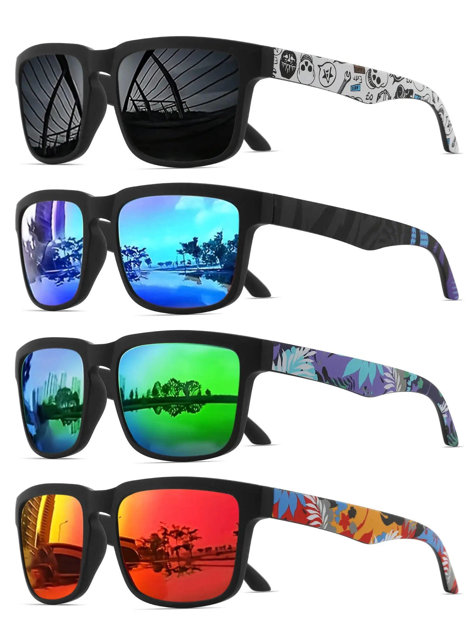 4PCS Square Sports Sunglasses with Designer Temple Pattern - UV400 for Men Women, Beach Vacation by AliShop