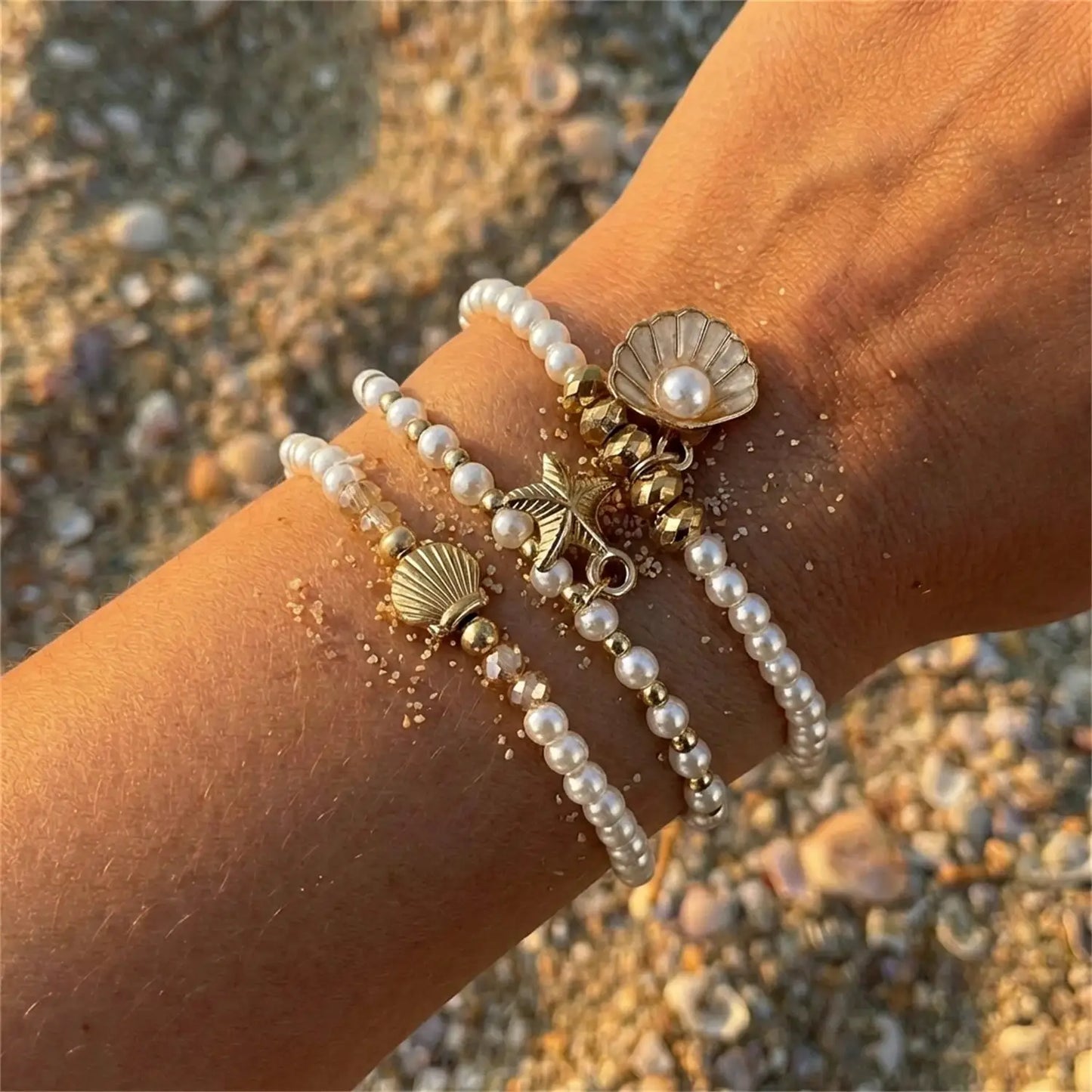 Multilayer Sea Turtle Shell Chain Bracelet Set for Women Elegant Starfish Imitation Pearl Bracelets Resort Wear Jewelry Gift by AliShop
