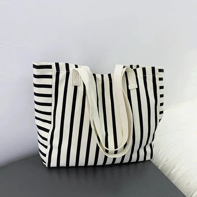 Striped Canvas Bag Beach Handbag Fashionable Women's Canvas Summer Large Capacity Shoulder Bag by AliShop