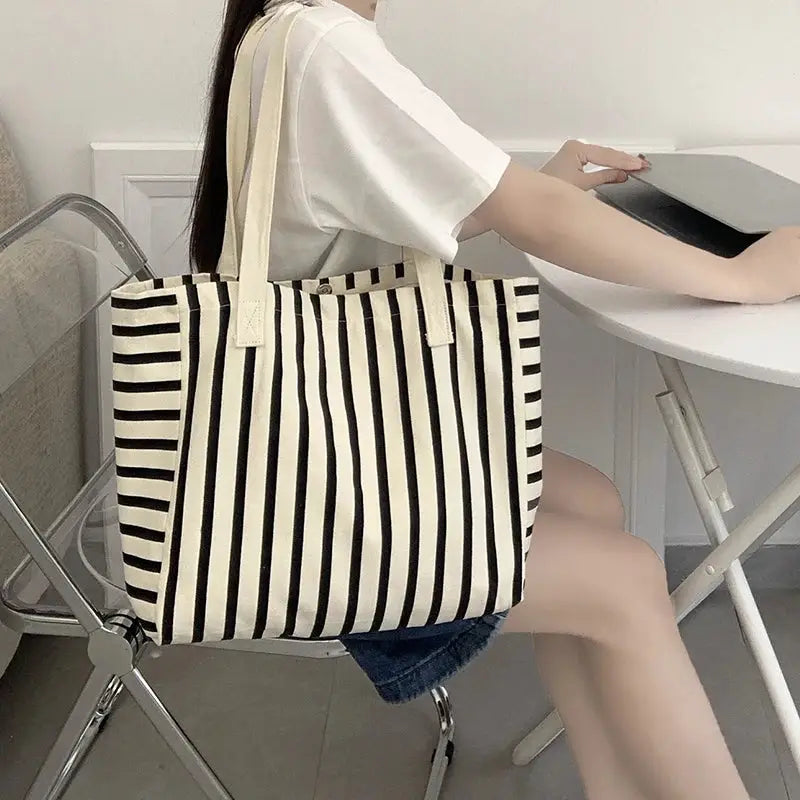 Striped Canvas Bag Beach Handbag Fashionable Women's Canvas Summer Large Capacity Shoulder Bag by AliShop