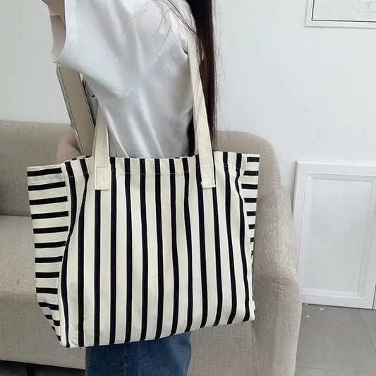 Striped Canvas Bag Beach Handbag Fashionable Women's Canvas Summer Large Capacity Shoulder Bag by AliShop