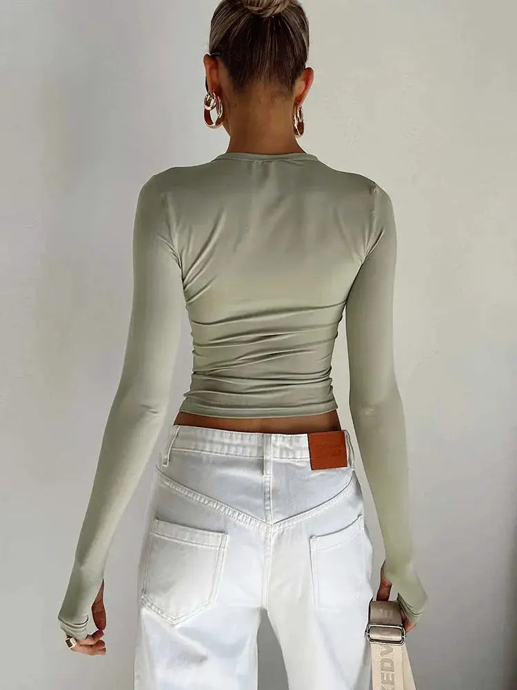 Fashion Women T-shirt Long Sleeve Crew Neck Solid Slim Fit Ladies Crop Top with Thumb Holes for Daily Streetwear Summer Camis by AliShop