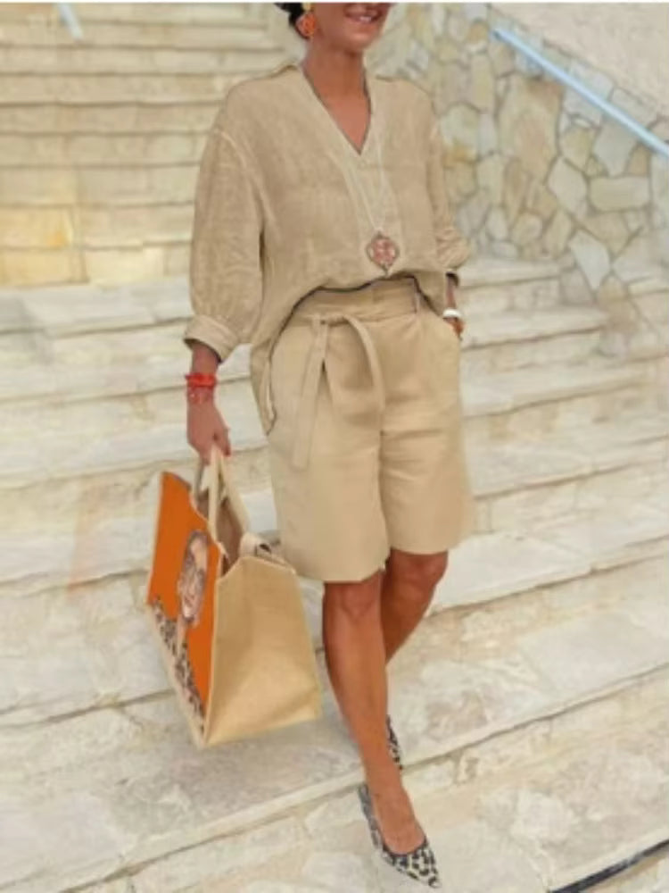 Summer Fashion New Matching Collection Loose and Elegant V-neck Short Sleeve Cotton Linen Top Wide Leg Shorts Two Piece Set by AliShop