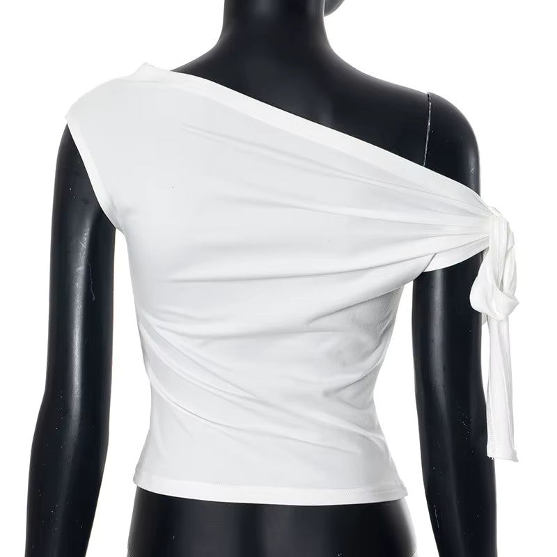 Women's Summer Style New Shrink Pleated One-Shoulder Crop Top Backless Twist Tie Asymmetric T-Shirt Casual Top by AliShop