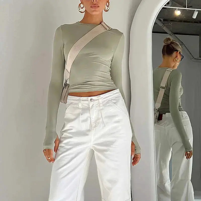 Fashion Women T-shirt Long Sleeve Crew Neck Solid Slim Fit Ladies Crop Top with Thumb Holes for Daily Streetwear Summer Camis by AliShop