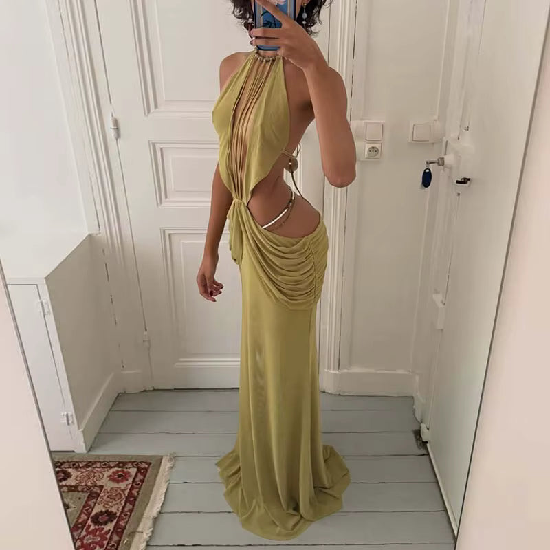 Solid Color Fit Party Maxi Dress Halter Beading Decoration Hollow Out Sexy Beach Dress Summer Sleeveless Backless Vacation Dress by AliShop