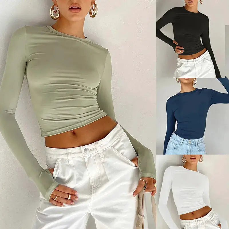 Fashion Women T-shirt Long Sleeve Crew Neck Solid Slim Fit Ladies Crop Top with Thumb Holes for Daily Streetwear Summer Camis by AliShop