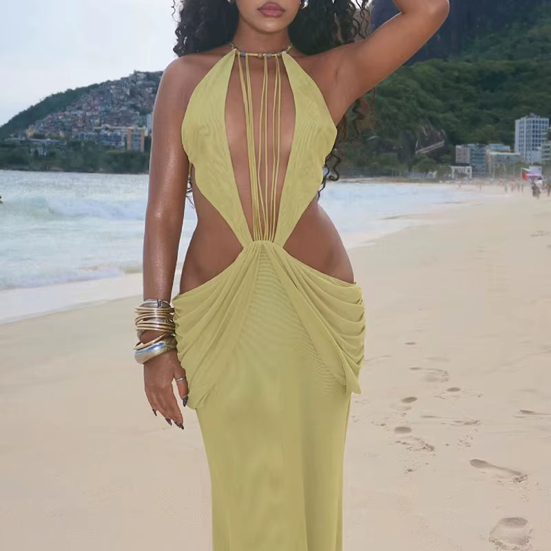 Solid Color Fit Party Maxi Dress Halter Beading Decoration Hollow Out Sexy Beach Dress Summer Sleeveless Backless Vacation Dress by AliShop