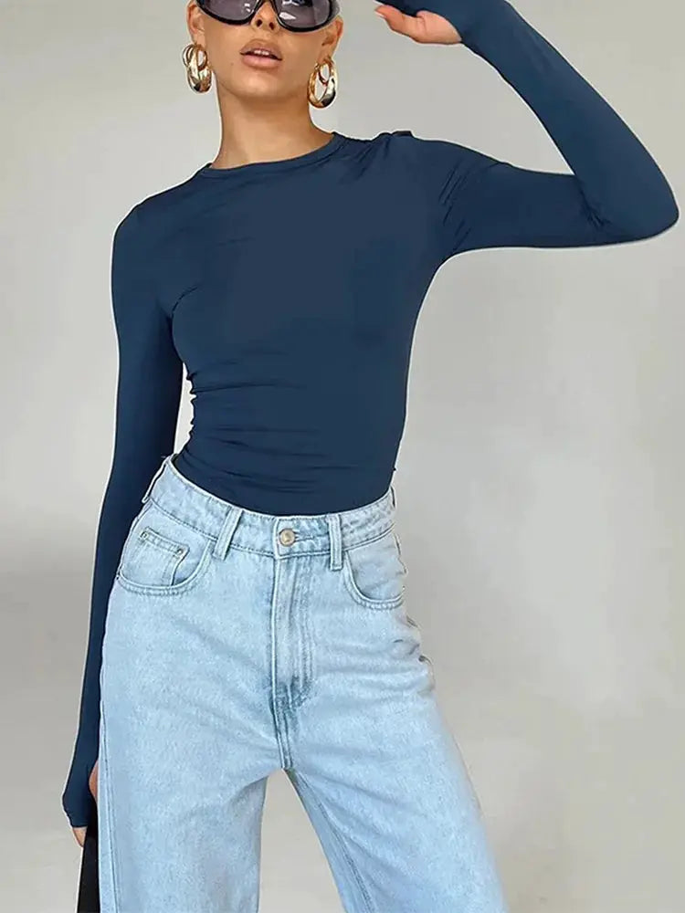 Fashion Women T-shirt Long Sleeve Crew Neck Solid Slim Fit Ladies Crop Top with Thumb Holes for Daily Streetwear Summer Camis by AliShop