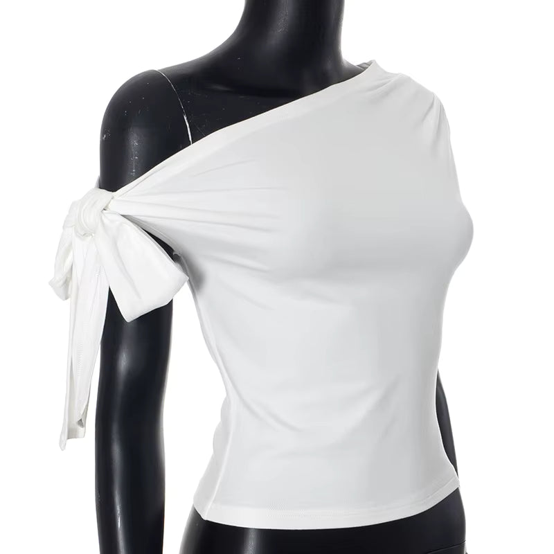 Women's Summer Style New Shrink Pleated One-Shoulder Crop Top Backless Twist Tie Asymmetric T-Shirt Casual Top by AliShop