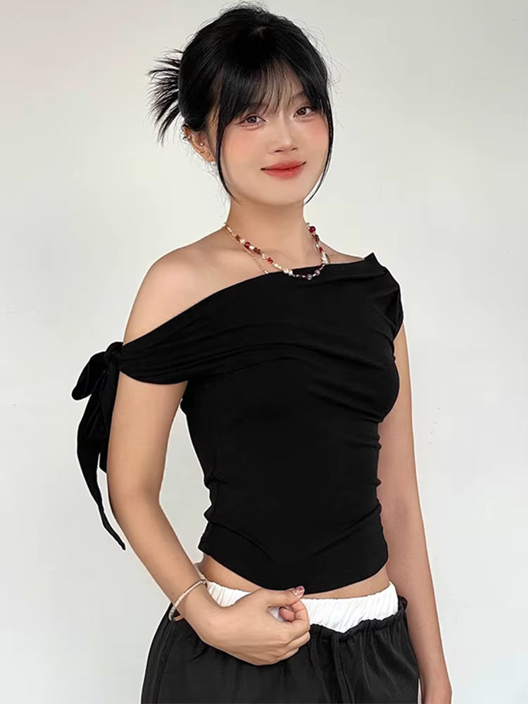 Women's Summer Style New Shrink Pleated One-Shoulder Crop Top Backless Twist Tie Asymmetric T-Shirt Casual Top by AliShop