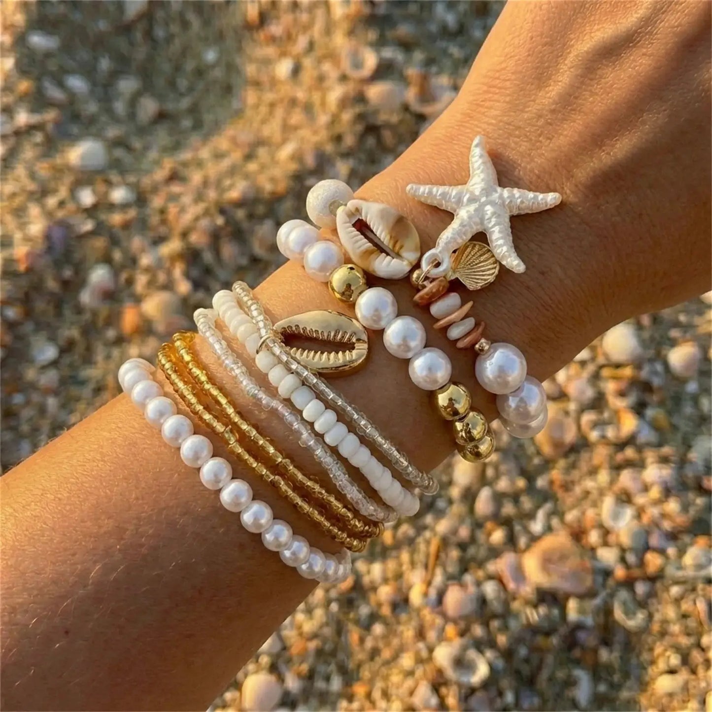 Multilayer Sea Turtle Shell Chain Bracelet Set for Women Elegant Starfish Imitation Pearl Bracelets Resort Wear Jewelry Gift by AliShop