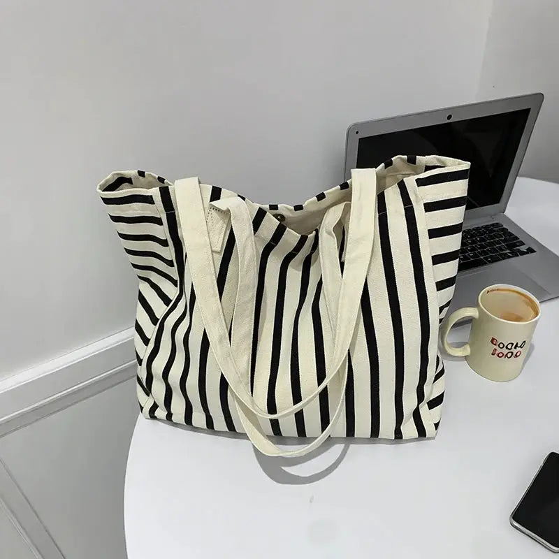 Striped Canvas Bag Beach Handbag Fashionable Women's Canvas Summer Large Capacity Shoulder Bag by AliShop