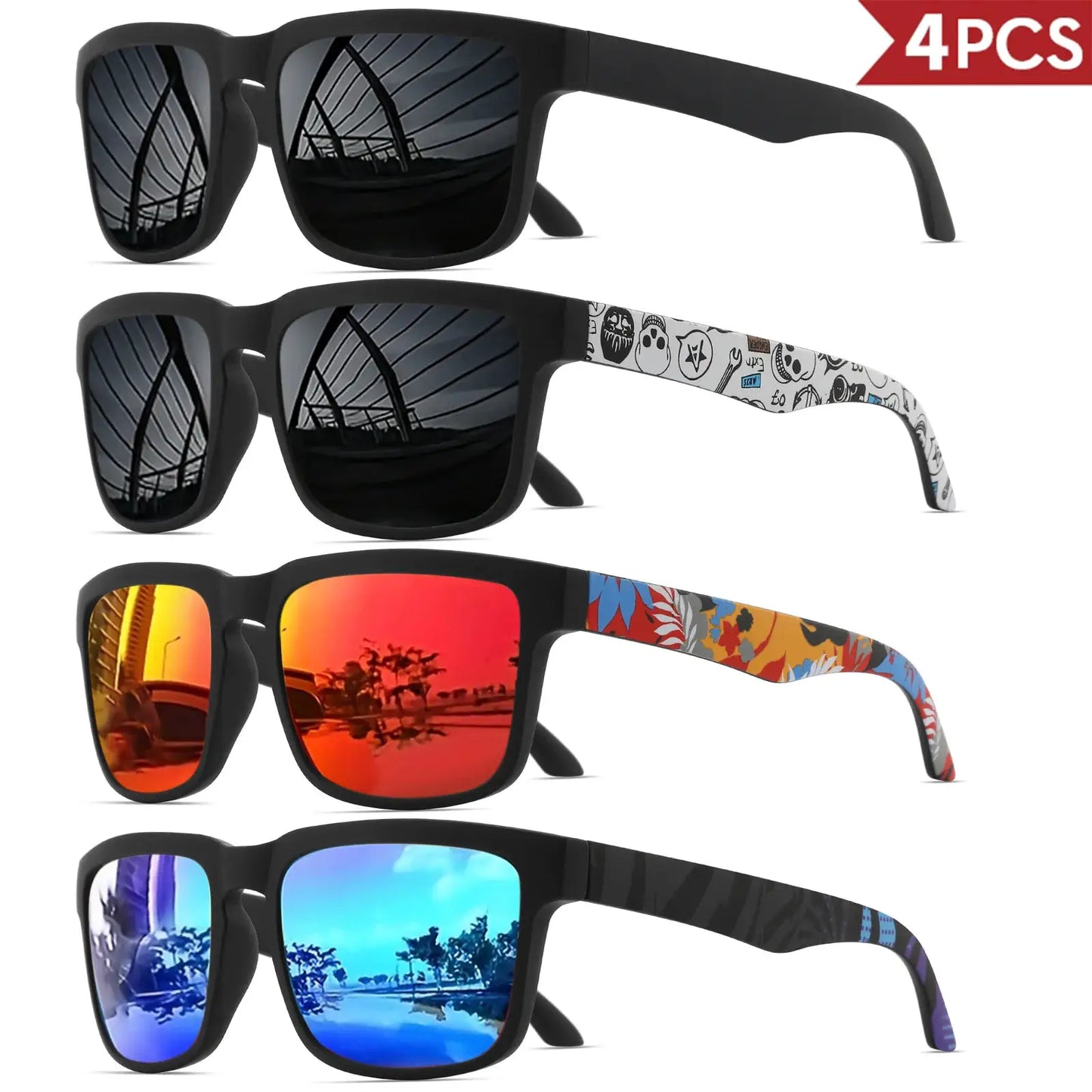 4PCS Square Sports Sunglasses with Designer Temple Pattern - UV400 for Men Women, Beach Vacation by AliShop