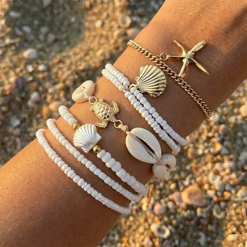Multilayer Sea Turtle Shell Chain Bracelet Set for Women Elegant Starfish Imitation Pearl Bracelets Resort Wear Jewelry Gift by AliShop