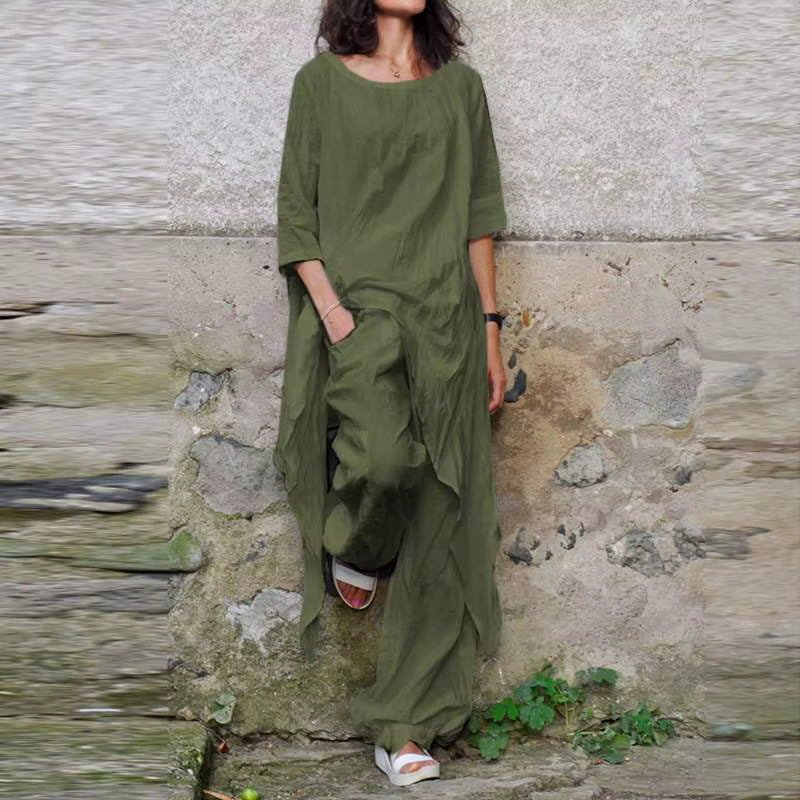 2024 Summer New Fashion Casual Loose Top Irregular Hem Round Neck Cotton Linen Top Loose Leg Pants Elegant Two Piece Set by AliShop