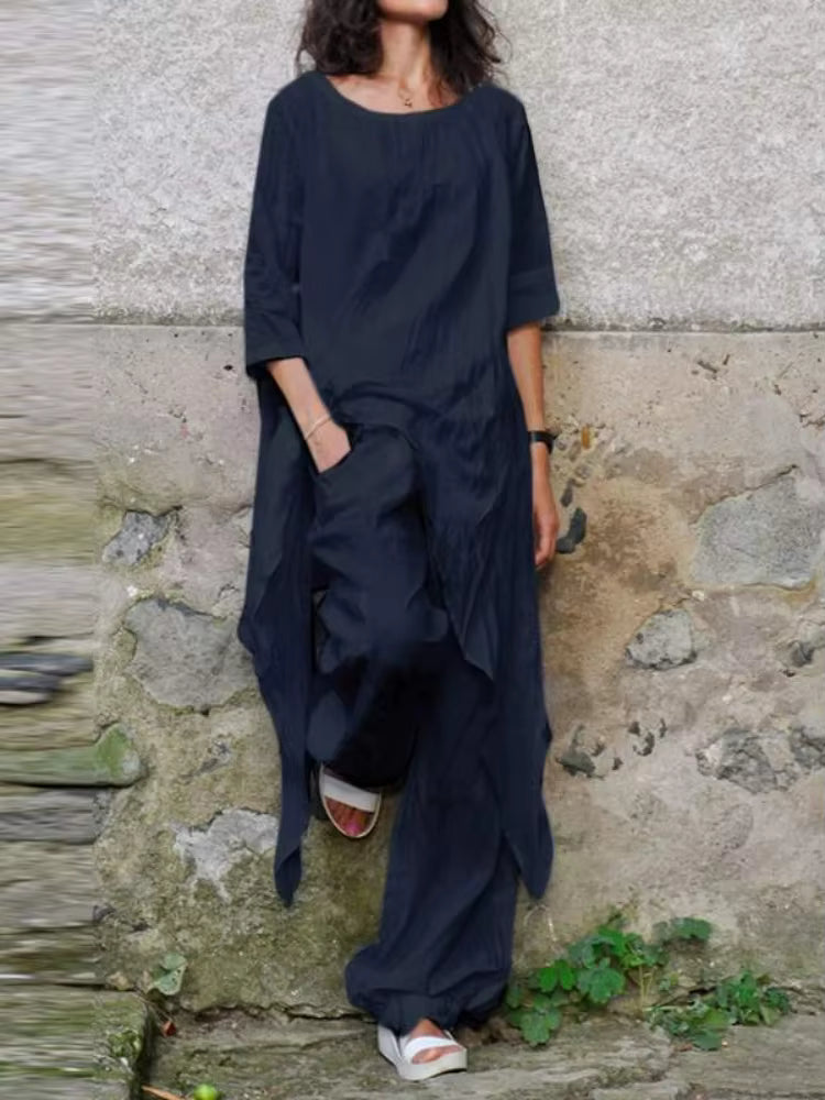 2024 Summer New Fashion Casual Loose Top Irregular Hem Round Neck Cotton Linen Top Loose Leg Pants Elegant Two Piece Set by AliShop