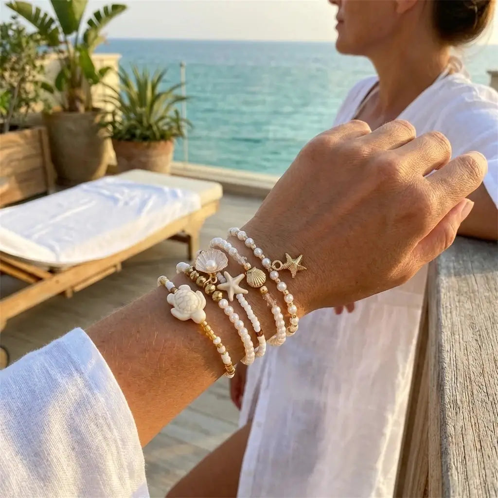 Multilayer Sea Turtle Shell Chain Bracelet Set for Women Elegant Starfish Imitation Pearl Bracelets Resort Wear Jewelry Gift by AliShop