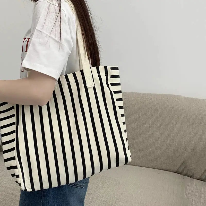 Striped Canvas Bag Beach Handbag Fashionable Women's Canvas Summer Large Capacity Shoulder Bag by AliShop
