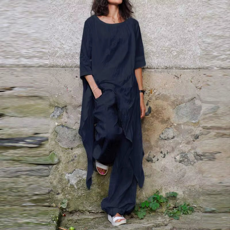2024 Summer New Fashion Casual Loose Top Irregular Hem Round Neck Cotton Linen Top Loose Leg Pants Elegant Two Piece Set by AliShop