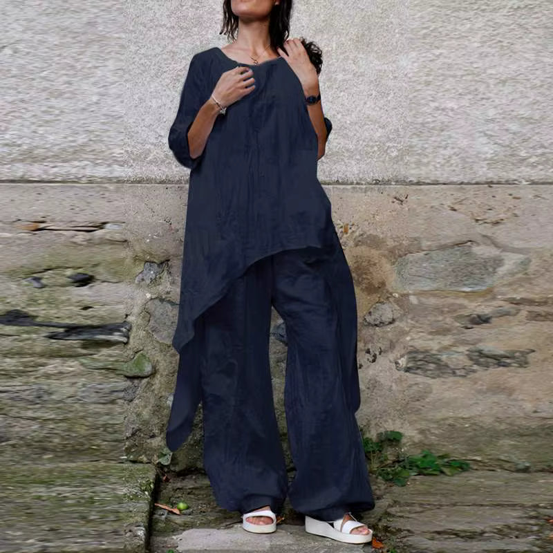 2024 Summer New Fashion Casual Loose Top Irregular Hem Round Neck Cotton Linen Top Loose Leg Pants Elegant Two Piece Set by AliShop