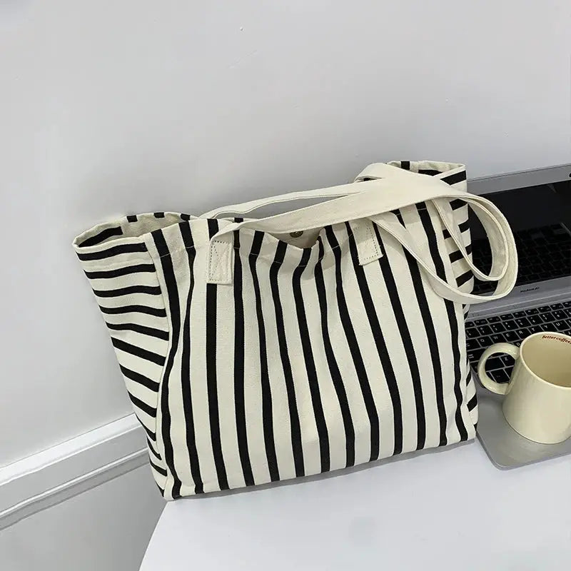 Striped Canvas Bag Beach Handbag Fashionable Women's Canvas Summer Large Capacity Shoulder Bag by AliShop