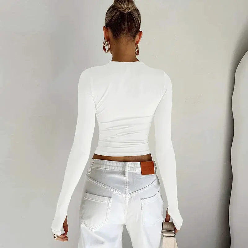 Fashion Women T-shirt Long Sleeve Crew Neck Solid Slim Fit Ladies Crop Top with Thumb Holes for Daily Streetwear Summer Camis by AliShop