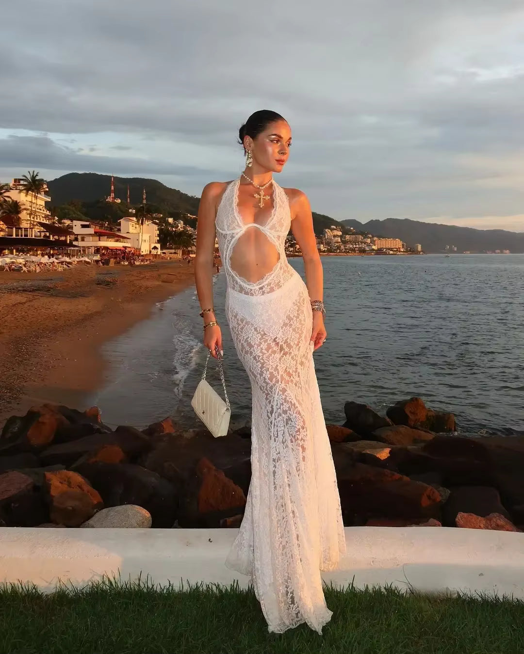 Sexy White Lace Hollow-out Halter Dress Women Chic Sleeveless Off-shoulder Backless Maxi Dresses 2026 Lady Vacation Beach Gowns by AliShop