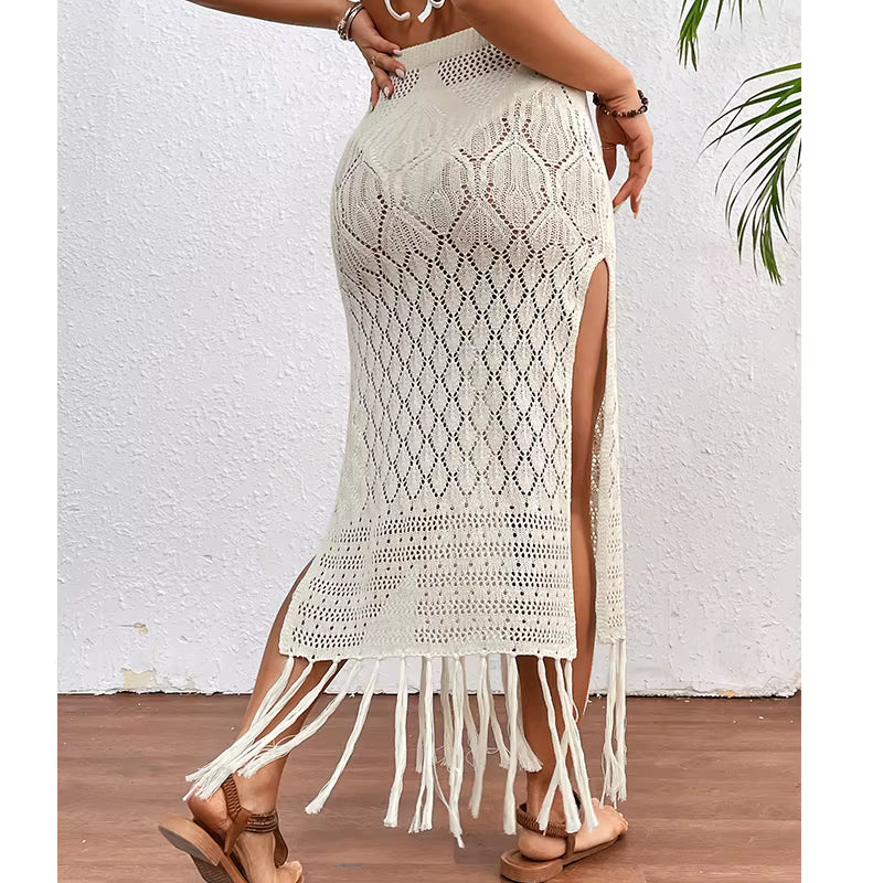 Women Knitted Texture Sarong Skirts Sexy High Slit Tassel Cover-Up Beach Summer Vacation Wrapped Skirt Bikini Cover Up by AliShop