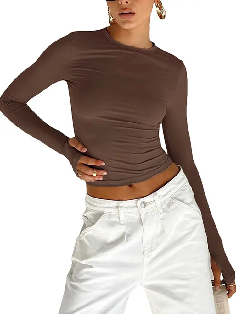 Fashion Women T-shirt Long Sleeve Crew Neck Solid Slim Fit Ladies Crop Top with Thumb Holes for Daily Streetwear Summer Camis by AliShop