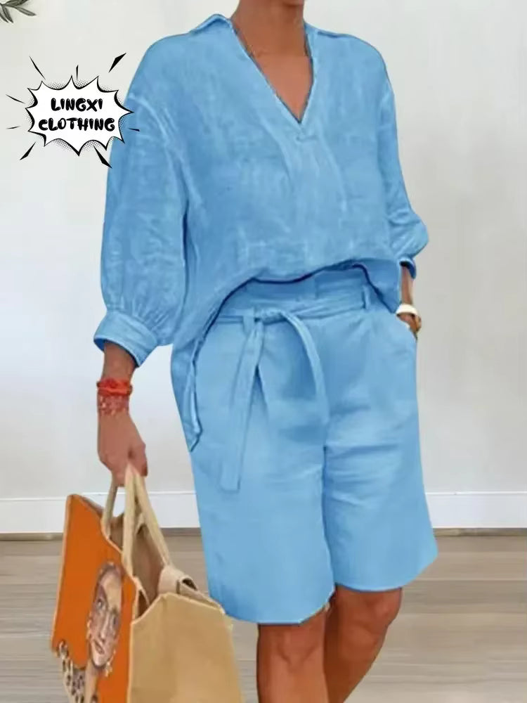 Summer Fashion New Matching Collection Loose and Elegant V-neck Short Sleeve Cotton Linen Top Wide Leg Shorts Two Piece Set by AliShop