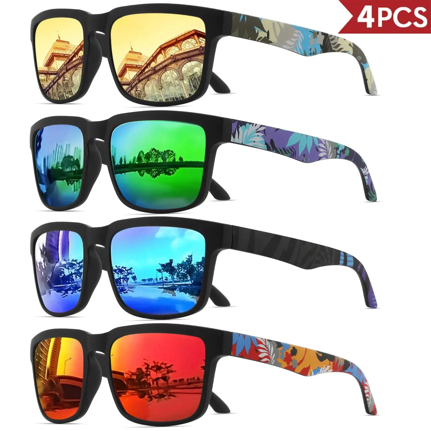 4PCS Square Sports Sunglasses with Designer Temple Pattern - UV400 for Men Women, Beach Vacation by AliShop