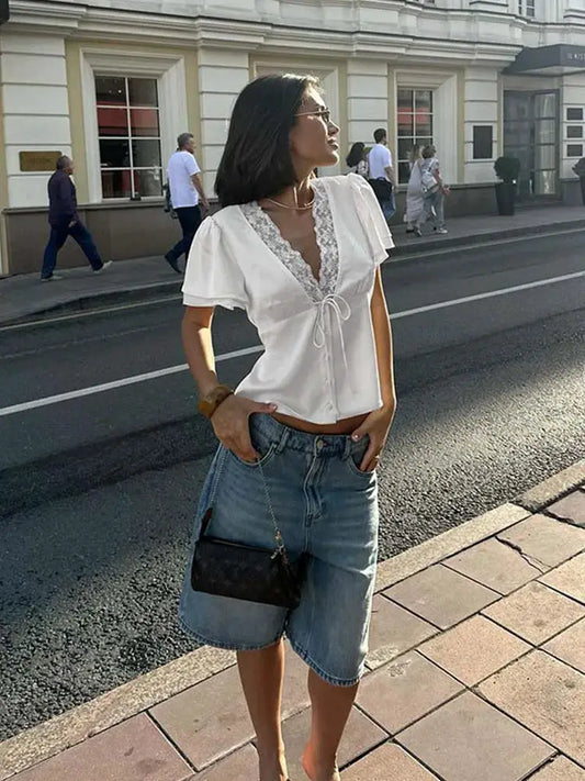Ahagaga Causal Women Tops Solid Lace -Neck Short Sleeves Satin Slim Button Regular Eelgant Streetwear Tees Female Basic T Shirts by AliShop