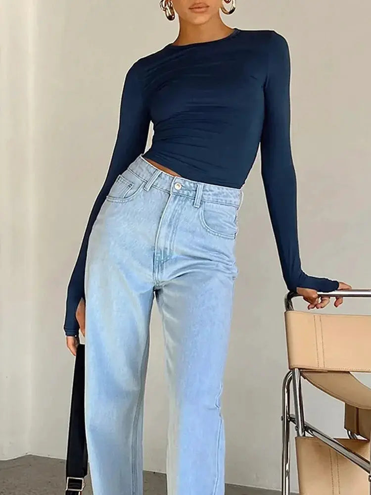 Fashion Women T-shirt Long Sleeve Crew Neck Solid Slim Fit Ladies Crop Top with Thumb Holes for Daily Streetwear Summer Camis by AliShop