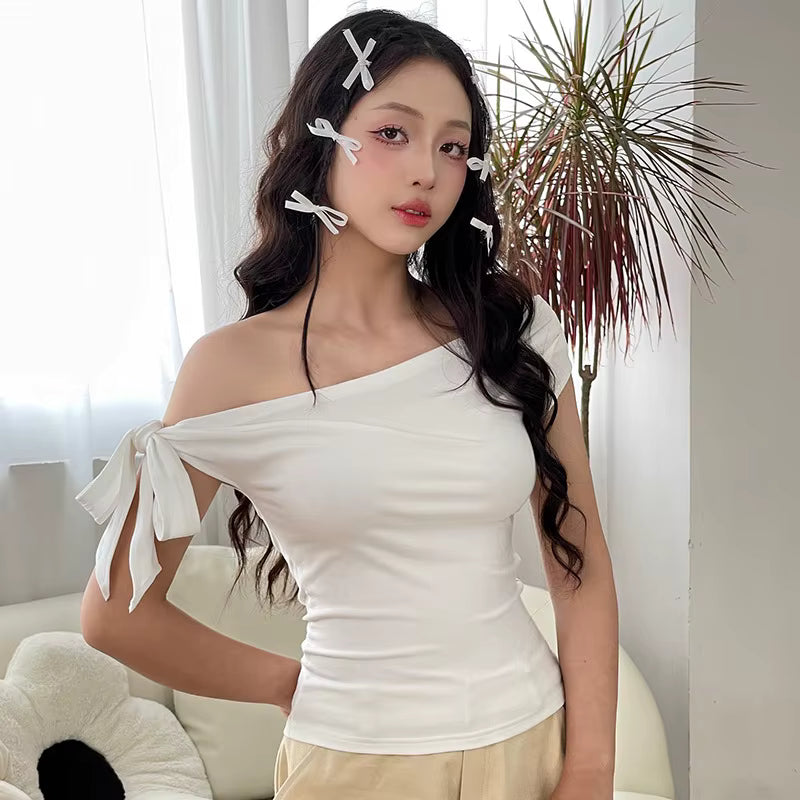 Women's Summer Style New Shrink Pleated One-Shoulder Crop Top Backless Twist Tie Asymmetric T-Shirt Casual Top by AliShop