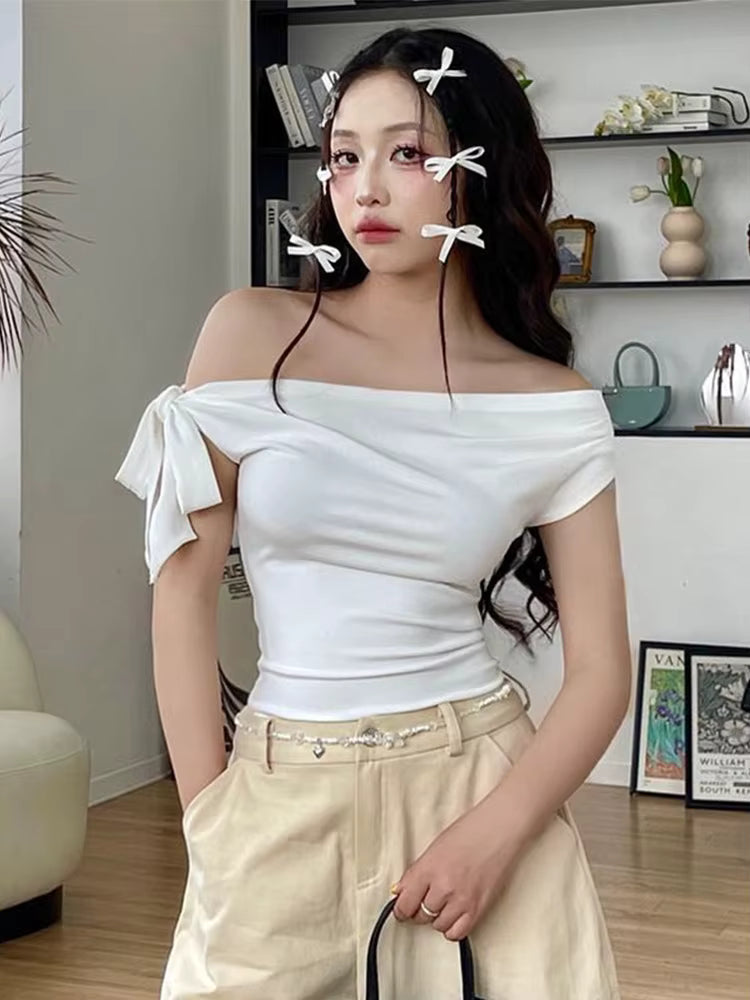 Women's Summer Style New Shrink Pleated One-Shoulder Crop Top Backless Twist Tie Asymmetric T-Shirt Casual Top by AliShop