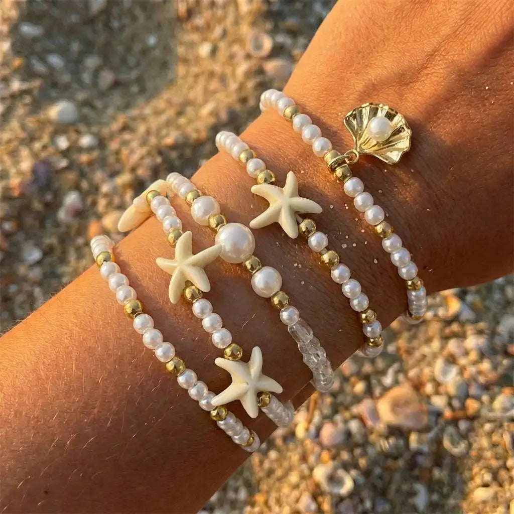 Multilayer Sea Turtle Shell Chain Bracelet Set for Women Elegant Starfish Imitation Pearl Bracelets Resort Wear Jewelry Gift by AliShop