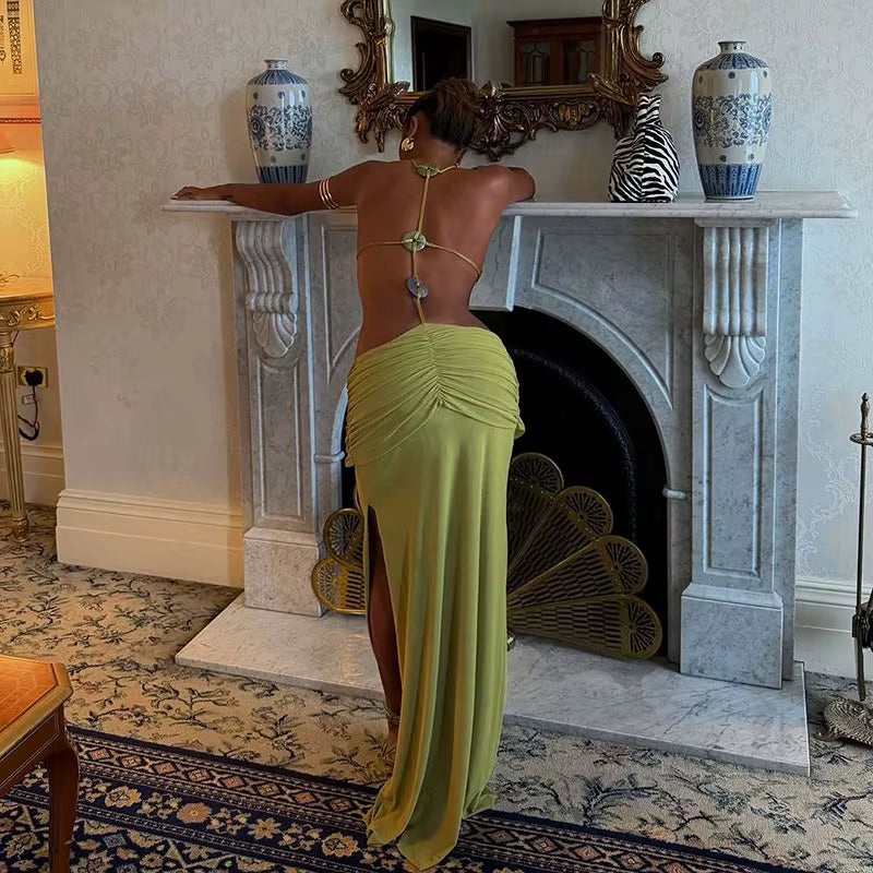 Solid Color Fit Party Maxi Dress Halter Beading Decoration Hollow Out Sexy Beach Dress Summer Sleeveless Backless Vacation Dress by AliShop