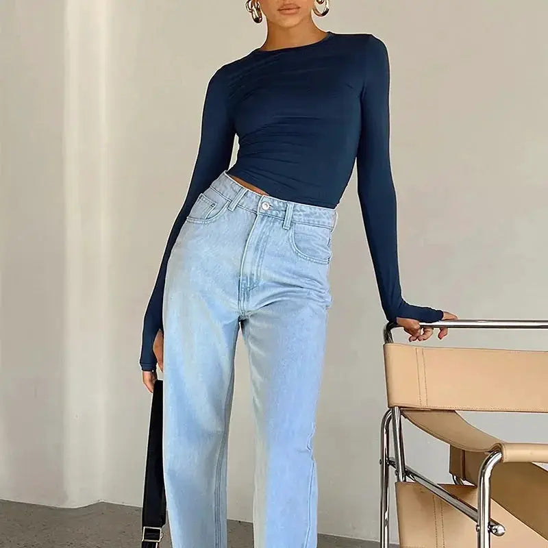 Fashion Women T-shirt Long Sleeve Crew Neck Solid Slim Fit Ladies Crop Top with Thumb Holes for Daily Streetwear Summer Camis by AliShop