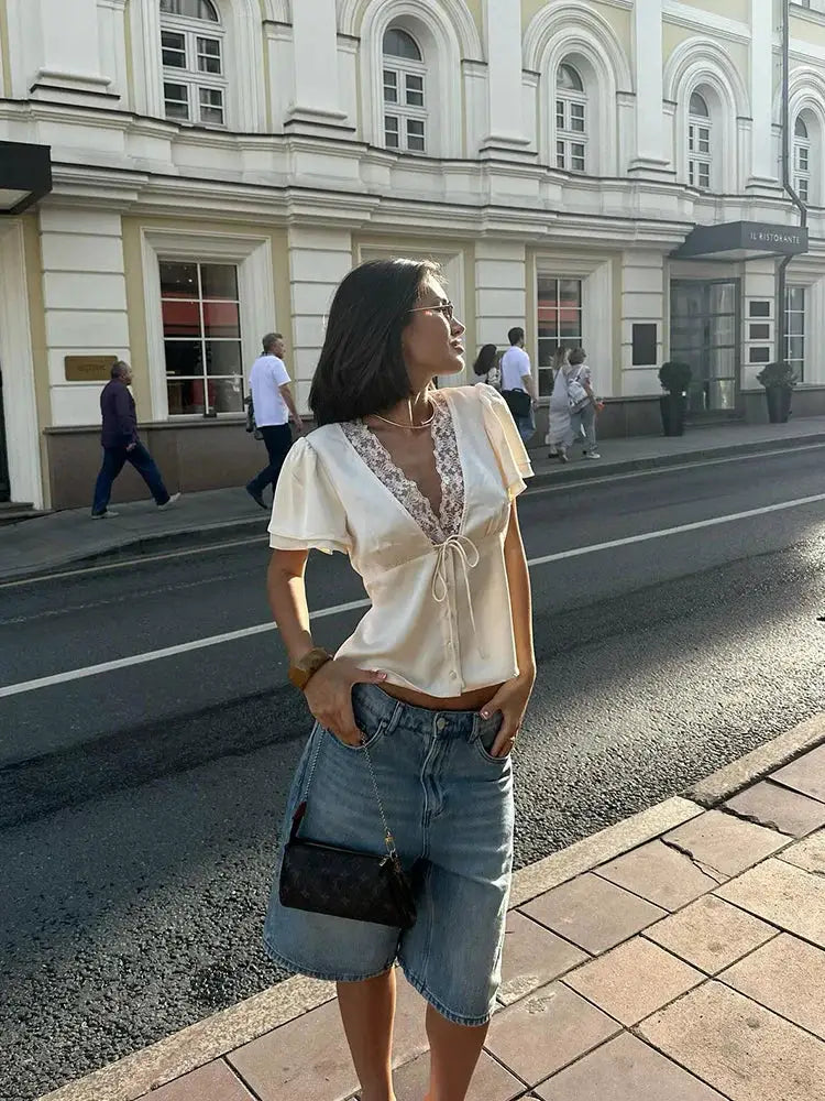 Ahagaga Causal Women Tops Solid Lace -Neck Short Sleeves Satin Slim Button Regular Eelgant Streetwear Tees Female Basic T Shirts by AliShop