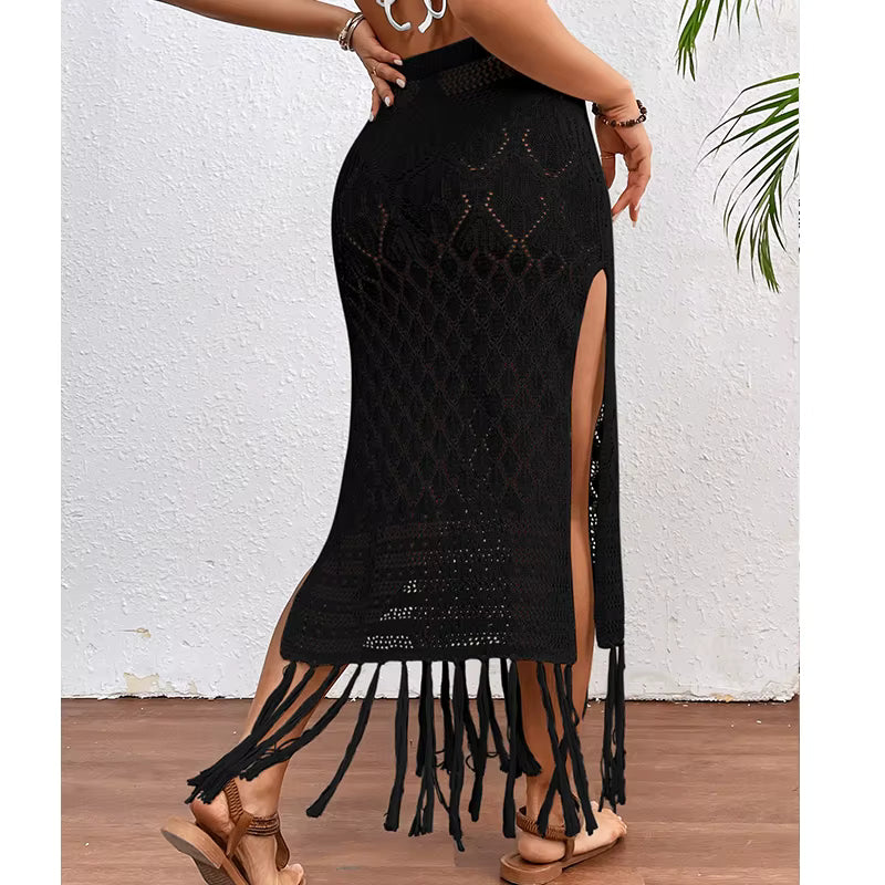 Women Knitted Texture Sarong Skirts Sexy High Slit Tassel Cover-Up Beach Summer Vacation Wrapped Skirt Bikini Cover Up by AliShop