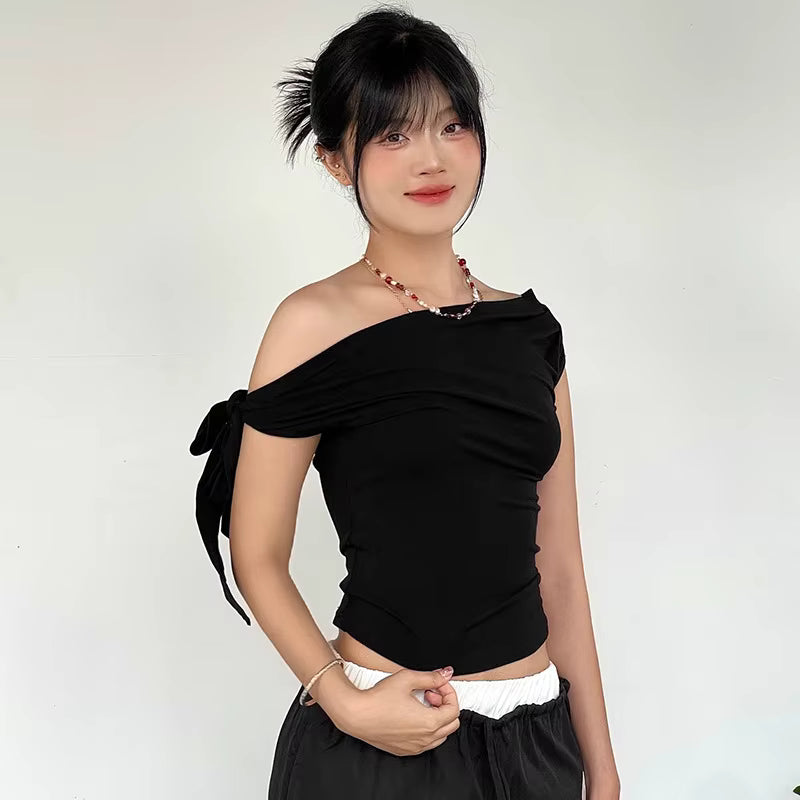 Women's Summer Style New Shrink Pleated One-Shoulder Crop Top Backless Twist Tie Asymmetric T-Shirt Casual Top by AliShop