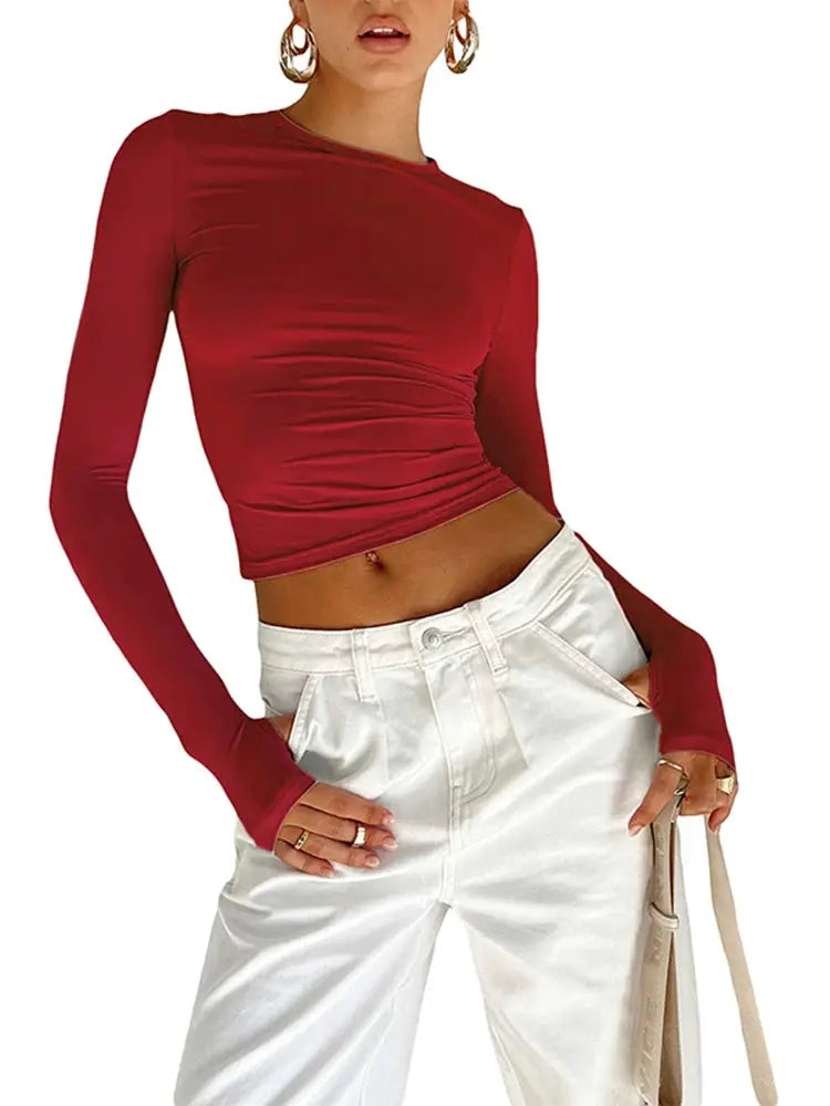 Fashion Women T-shirt Long Sleeve Crew Neck Solid Slim Fit Ladies Crop Top with Thumb Holes for Daily Streetwear Summer Camis by AliShop