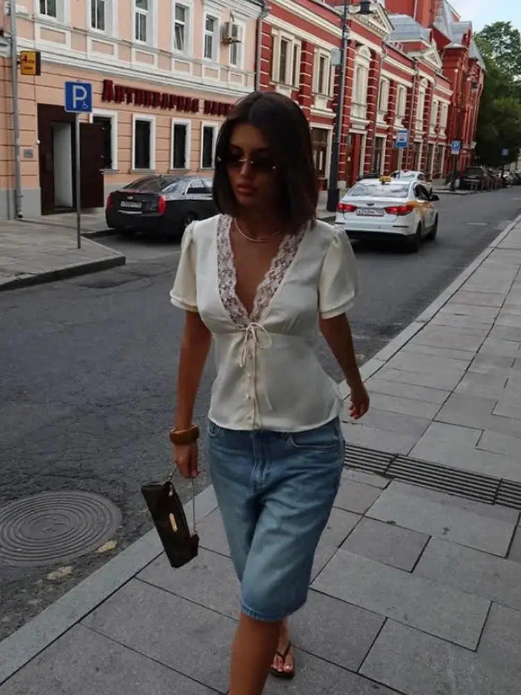Ahagaga Causal Women Tops Solid Lace -Neck Short Sleeves Satin Slim Button Regular Eelgant Streetwear Tees Female Basic T Shirts by AliShop