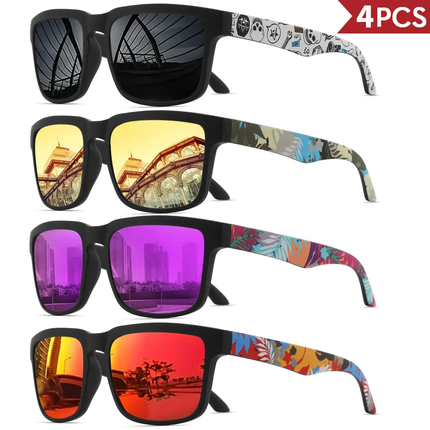 4PCS Square Sports Sunglasses with Designer Temple Pattern - UV400 for Men Women, Beach Vacation by AliShop