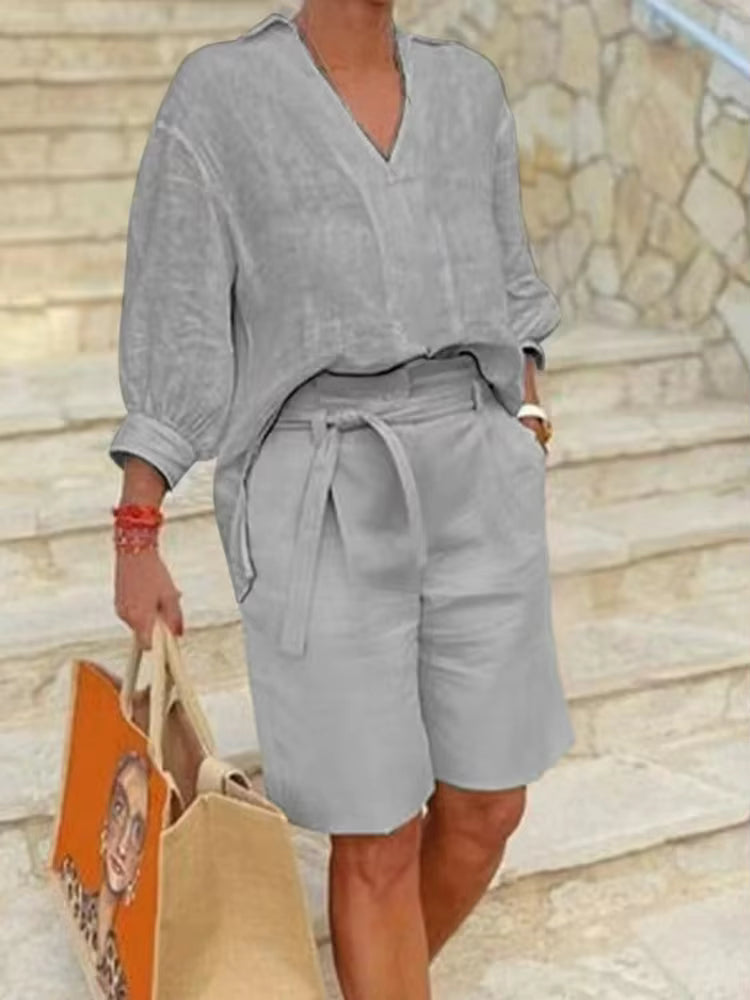 Summer Fashion New Matching Collection Loose and Elegant V-neck Short Sleeve Cotton Linen Top Wide Leg Shorts Two Piece Set by AliShop