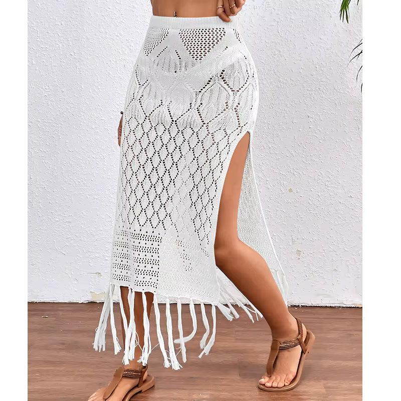 Women Knitted Texture Sarong Skirts Sexy High Slit Tassel Cover-Up Beach Summer Vacation Wrapped Skirt Bikini Cover Up by AliShop