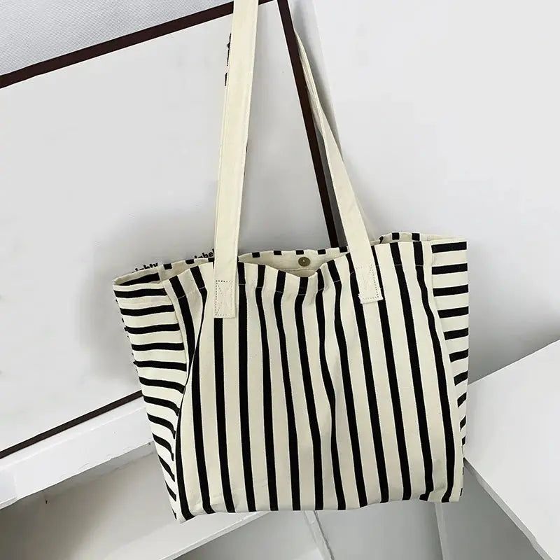 Striped Canvas Bag Beach Handbag Fashionable Women's Canvas Summer Large Capacity Shoulder Bag by AliShop