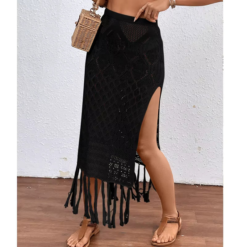 Women Knitted Texture Sarong Skirts Sexy High Slit Tassel Cover-Up Beach Summer Vacation Wrapped Skirt Bikini Cover Up by AliShop